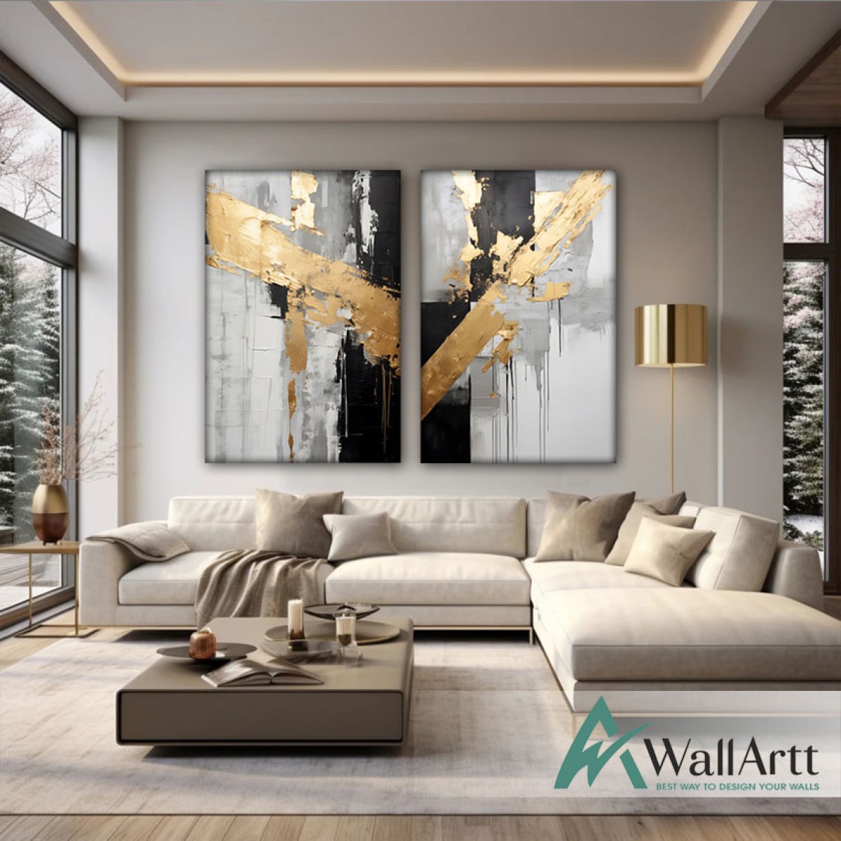 Black with Gold Foil 2 Piece 3d Heavy Textured Partial Oil Painting - Wall Art